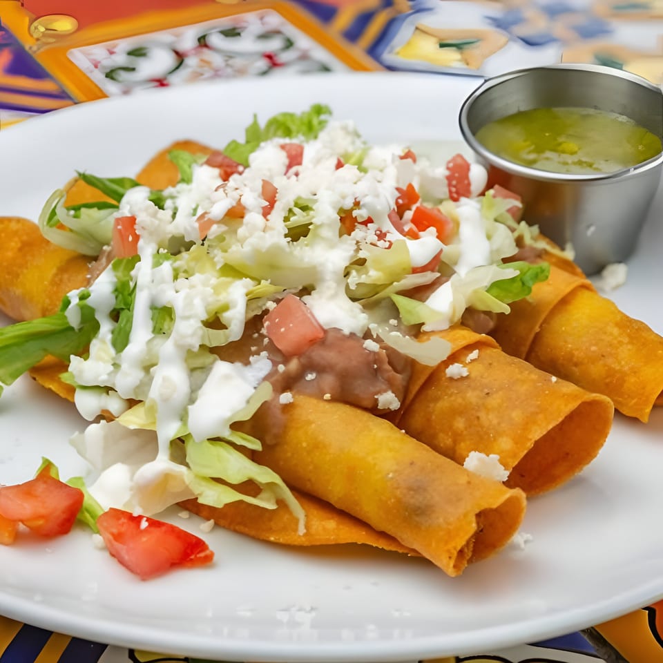 Three golden-fried taquitos topped with lettuce, sour cream, crumbled cheese, and diced tomatoes, with green salsa.